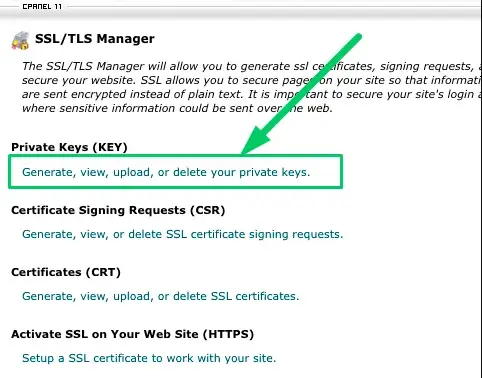Σύνδεσμος δημιουργίας ή διαγραφής private key στο πίνακα ελέγχου plesk