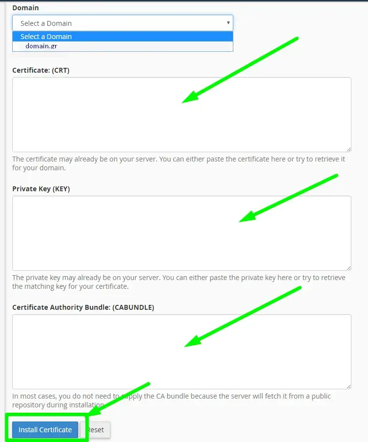 Φόρμα συμπλήρωσης SSL certificate και private key στο cPanel 11