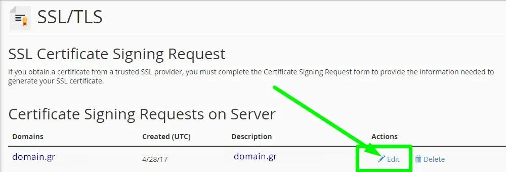 Επιλογή επεξεργασίας αιτήματος CSR στο cPanel 11