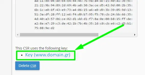 Οθόνη επιλογής private key του SSL στο πίνακα ελέγχου cPanel