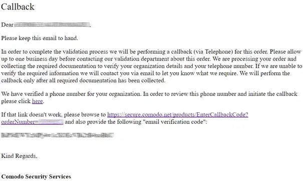 Call back email για την επικύρωση comodo πιστοποιητικού ασφαλείας