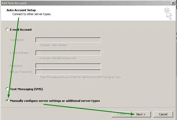 Επιλογή manual configuration στο Outlook