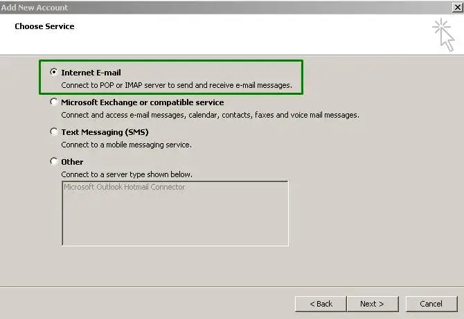 Επιλογή Internet Email στο Outlook