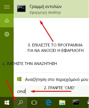 Επιλογή εμφάνισης γραμμής εντολών στο περιβάλλον των Windows