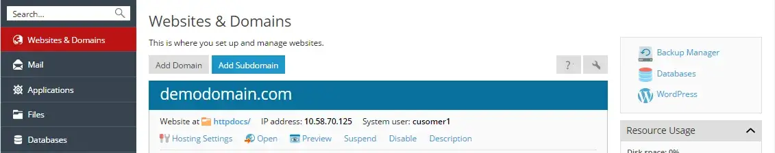 Καρτέλα προσθήκης subdomain στο Plesk Panel
