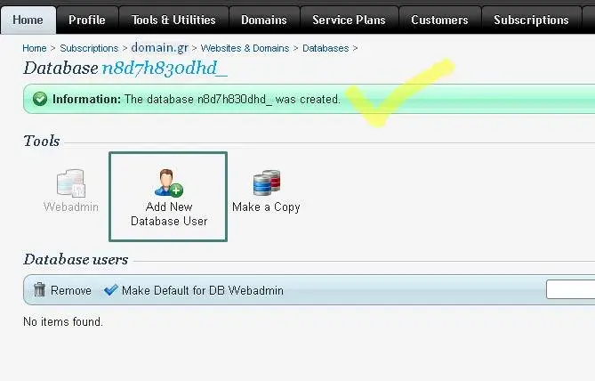 Μήνυμα επιτυχούς δημιουργίας database στο plesk 11