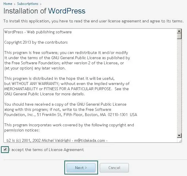 Οθόνη επιβεβαίωσης εγκατάστασης WordPress στο plesk panel
