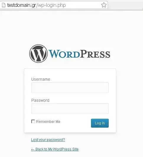 URL και οθόνη συμπλήρωσης στοιχείων για είσοδο στο WordPress CMS