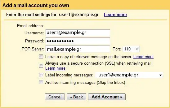 Φόρμα εισαγωγής στοιχείων email για προσθήκη σε gmail