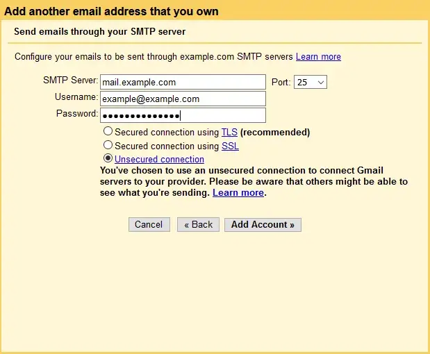Φόρμα στοιχείων SMTP πρωτοκόλλου στο gmail