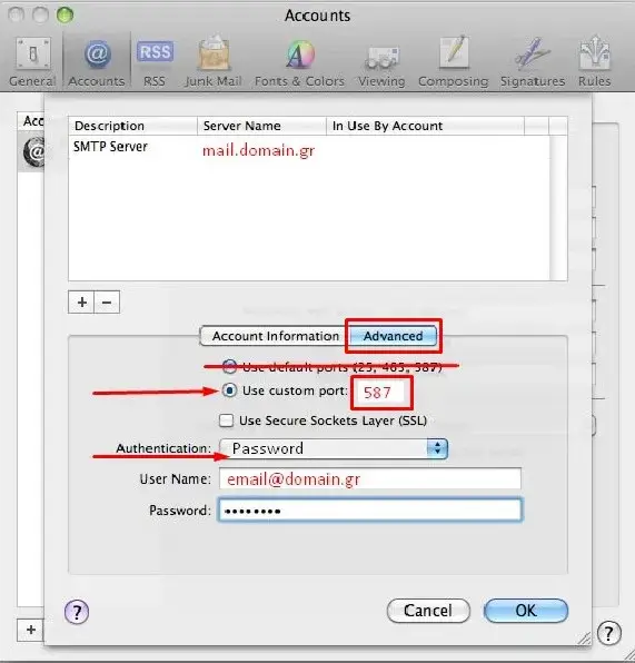 Προσθήκη θύρας για SMTP server στο mac email