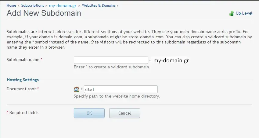Προσθήκη νέου subdomain από το πίνακα ελέγχου Plesk