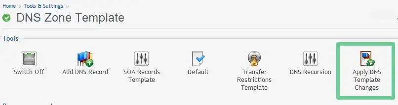 Επιλογή apply DNS template changes στο πίνακα ελέγχου plesk