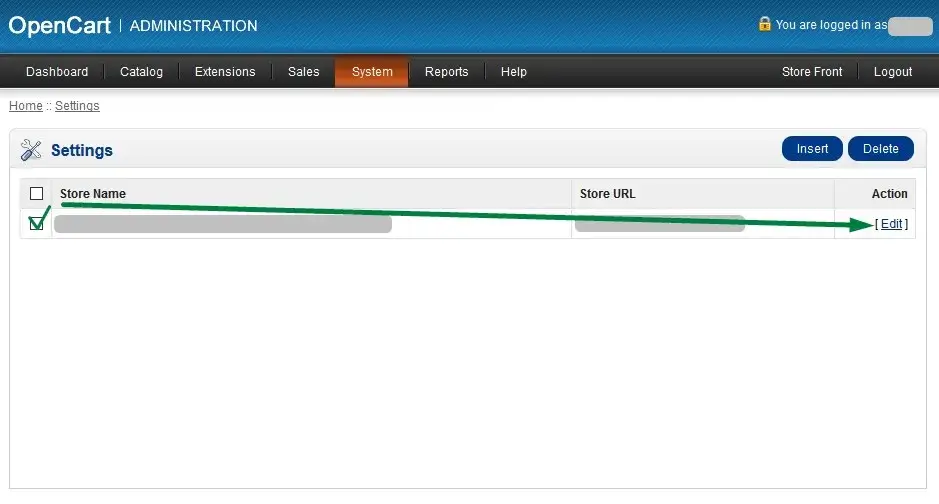Καρτέλα επιλογής eshop στο Opencart