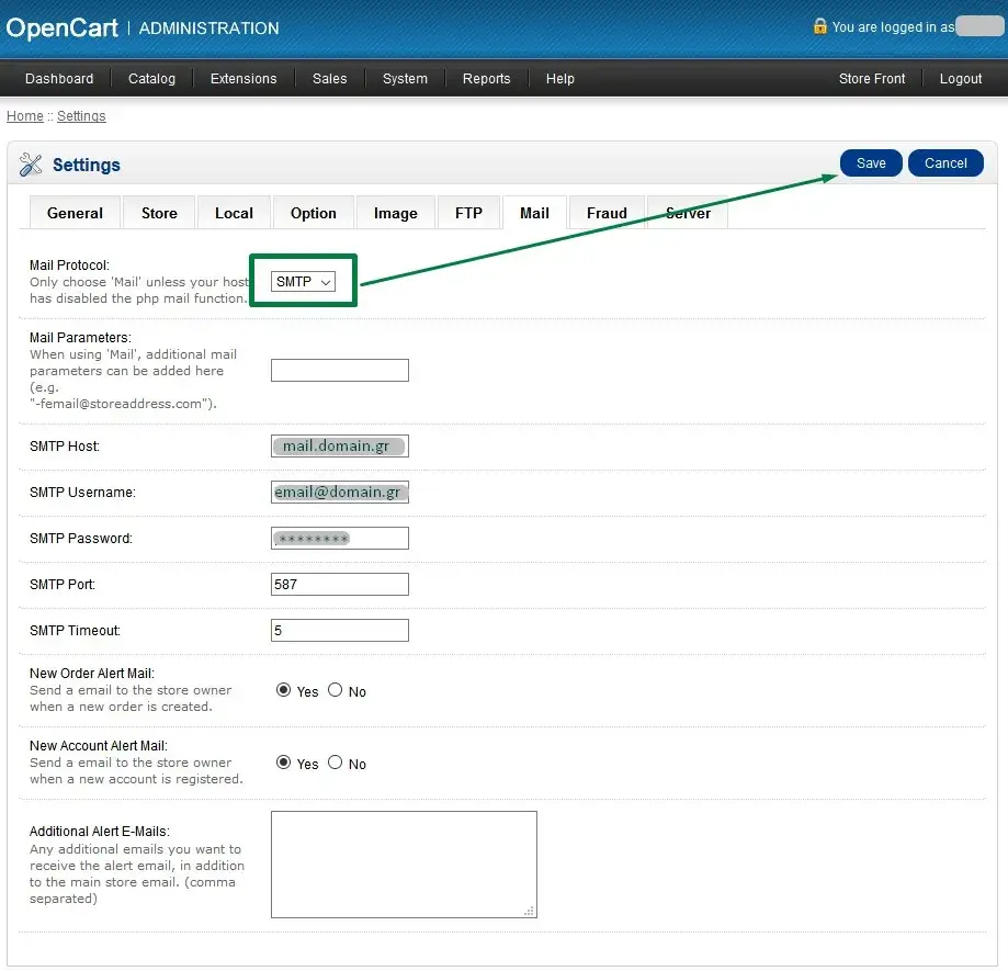 Οθόνη παραμετροποίησης email SMTP στο opencart