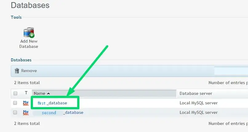 Οθόνη επιλογής συγκεκριμένης mysql database στο plesk 11