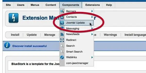 Μενού επιλογής ενημέρωσης Joomla CMS