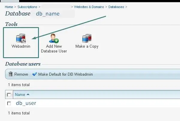 Επιλογή εικονιδίου Webadmin στο περιβάλλον διαχείρισης plesk panel