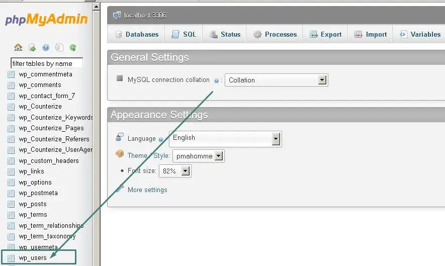 Επιλογή πίνακα wp_users στην εφαρμογή phpMyAdmin