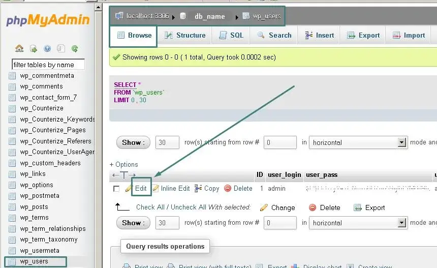 Επιλογή επεξεργασίας πίνακα wp_users στο phpMyAdmin