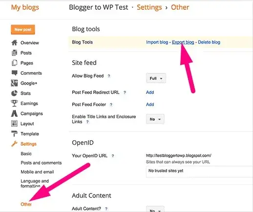 Επιλογή εξαγωγής αρχείων blogger blog σε WordPress