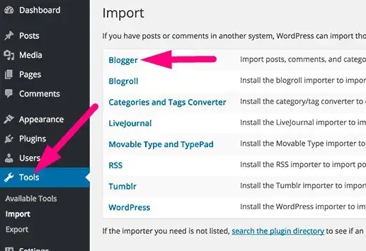 Οθόνη εισαγωγής αρχείων blogger blog σε WordPress CMS