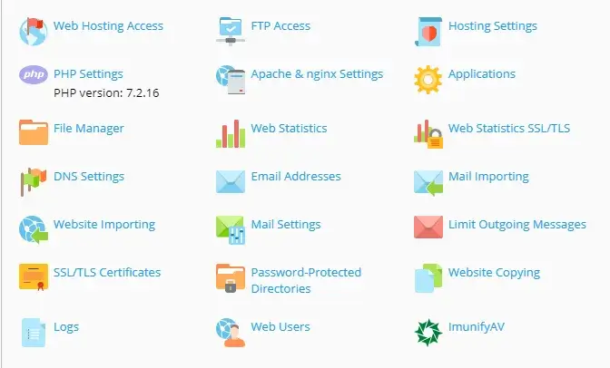 Επιλογή εικονιδίου ρυθμίσεων hosting στο Plesk