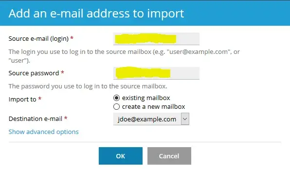 Επιλογή mailbox εισαγωγής email στον πίνακα ελέγχου plesk