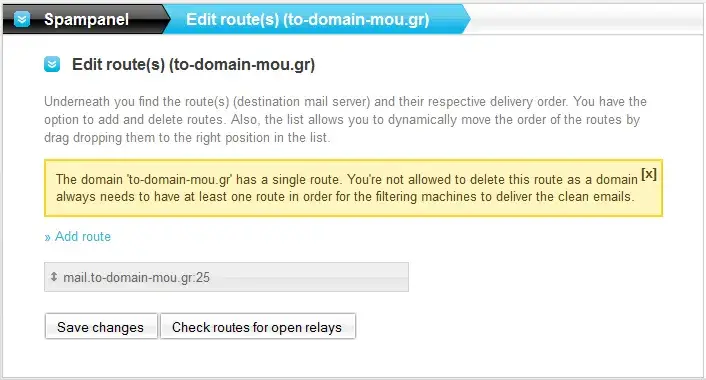 Φόρμα προσθήκης ή διαγραφής route στο spampanel της SpamExperts