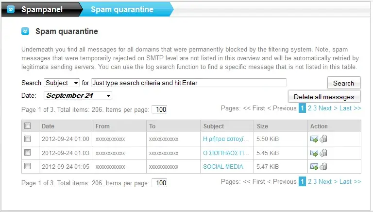Λίστα spam quarantine στο spam filter της SpamExperts