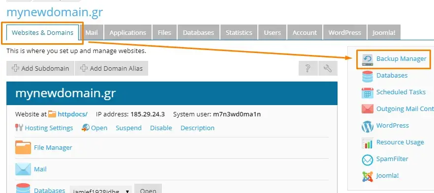 Επιλογή ρυθμίσεων διαχείρησης backup στο Plesk Panel