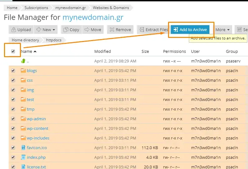 Επιλογή προσθήκης αρχείων στο Plesk backup.
