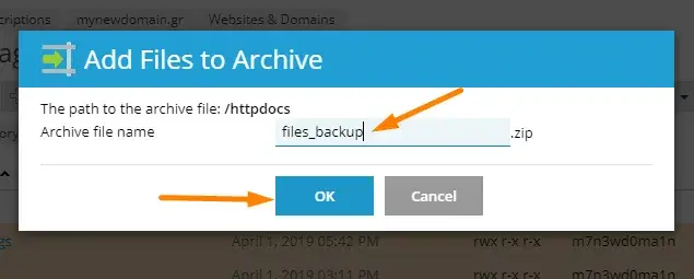 Εισαγωγής ονομασίας backup αρχείου στο Plesk.