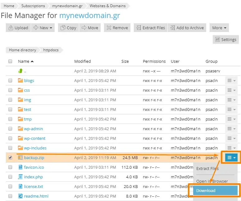 Ληψη zip αρχείου backup στο Plesk.