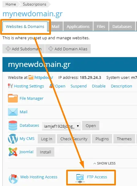 Ρυθμίσεις FTP Access για μεταφορά αρχείων στο Plesk