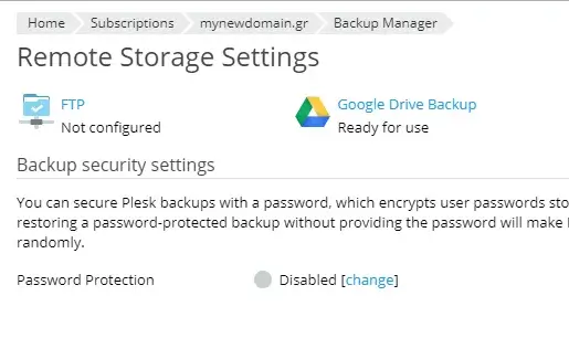 Οθόνη επιβεβαίωσης ενεργοποίησης google drive backup στο plesk panel
