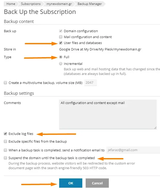 Φόρμα αποεπιλογής backup log files στο plesk panel