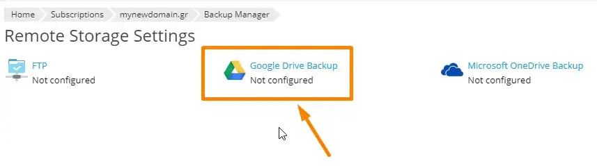 Εικονίδιο επιλογής google drive για αποθήκευση backup από το plesk panel