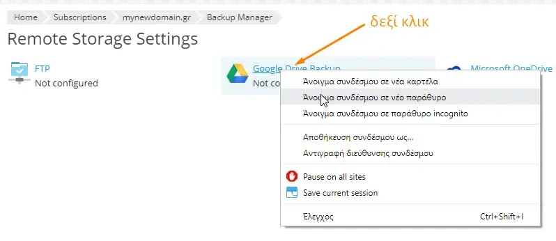 Επιλογή ανοίγματος google drive σε νέο παράθυρο στο plesk