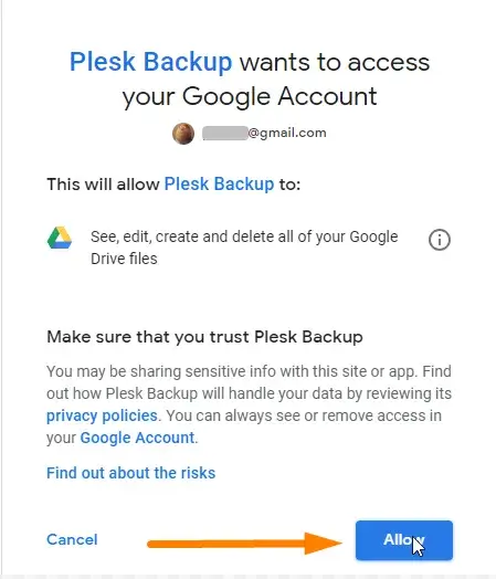 Οθόνη επιβεβαίωσης σύνδεσης google drive με plesk panel