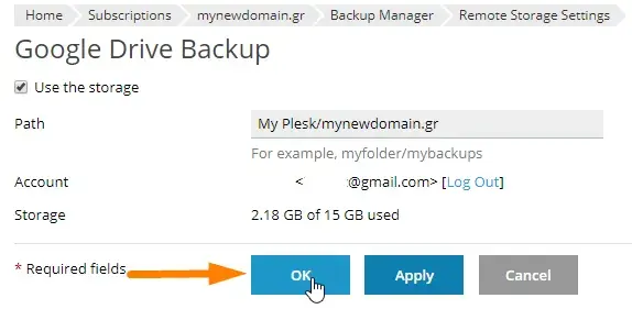 Οθόνη αποστολής backup από το plesk στο google drive