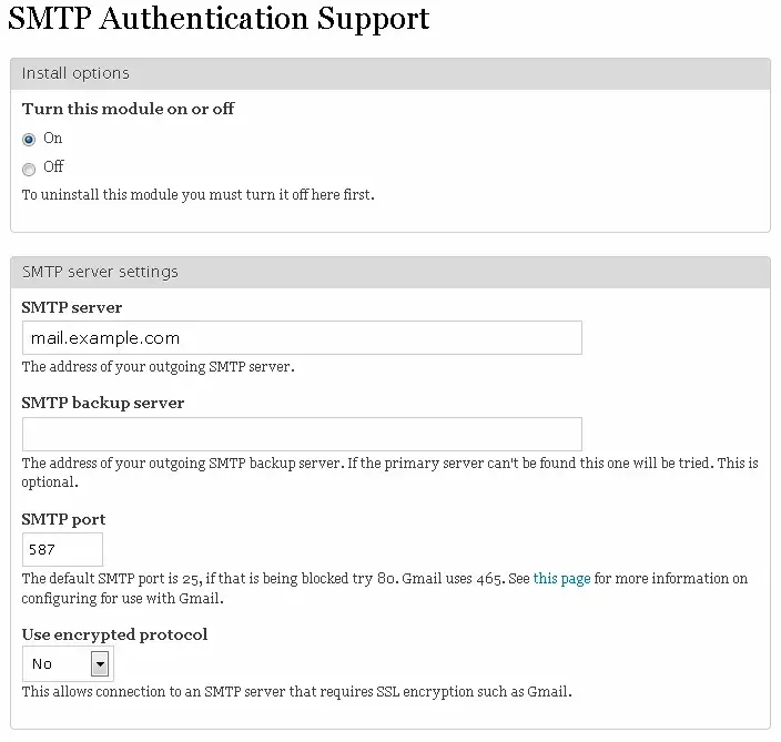 Φόρμα ρυθμίσεων SMTP authentication support στο drupal