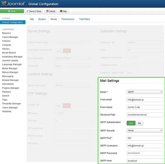 Φόρμα συμπλήρωσης στοιχείων SMTP στο Joomla 3