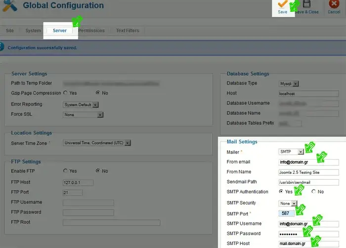 Φόρμα ρυθμίσεων SMTP στο Joomla 2.5