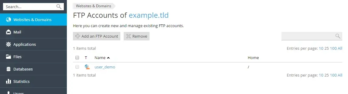 Οθόνη προσθήκης νέου ftp account στο plesk