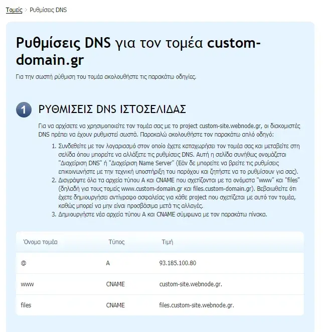 Ρυθμίσεις DNS εγγραφών για κατοχυρωμένο domain στο Webnode