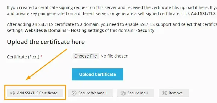 Φόρμα προσθήκης SSL στο plesk panel obsidian
