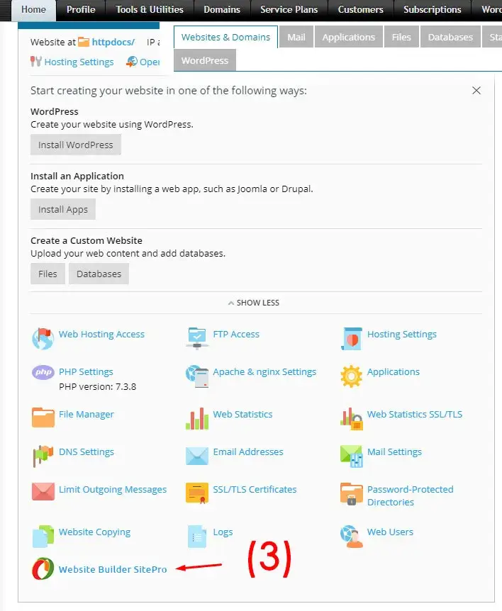 Οθόνη επιλογής εικονιδίου sitebuilder site pro στο plesk panel