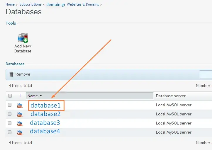 Επιλογή database από τη λίστα διαθέσιμων databases στο plesk