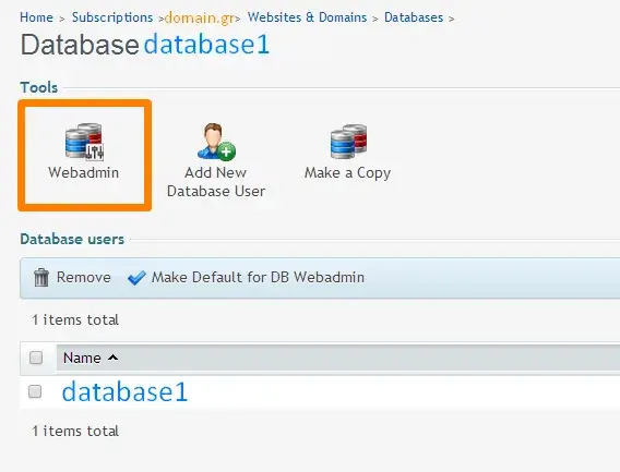 Επιλογή εικονιδίου Webadmin για επεξεργασία database στο plesk panel